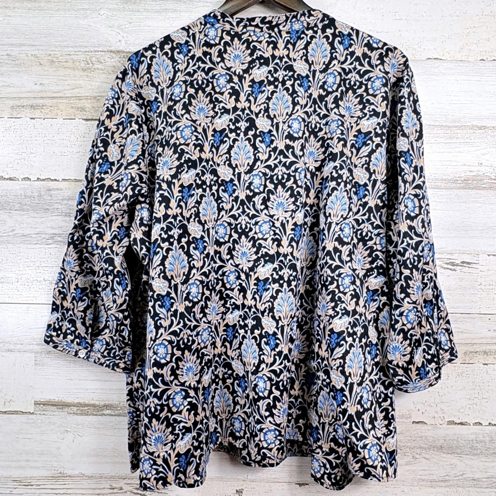 Talbots Black Floral Print V-Neck Blouse with Blue and Cream Accents - Picture 2 of 9